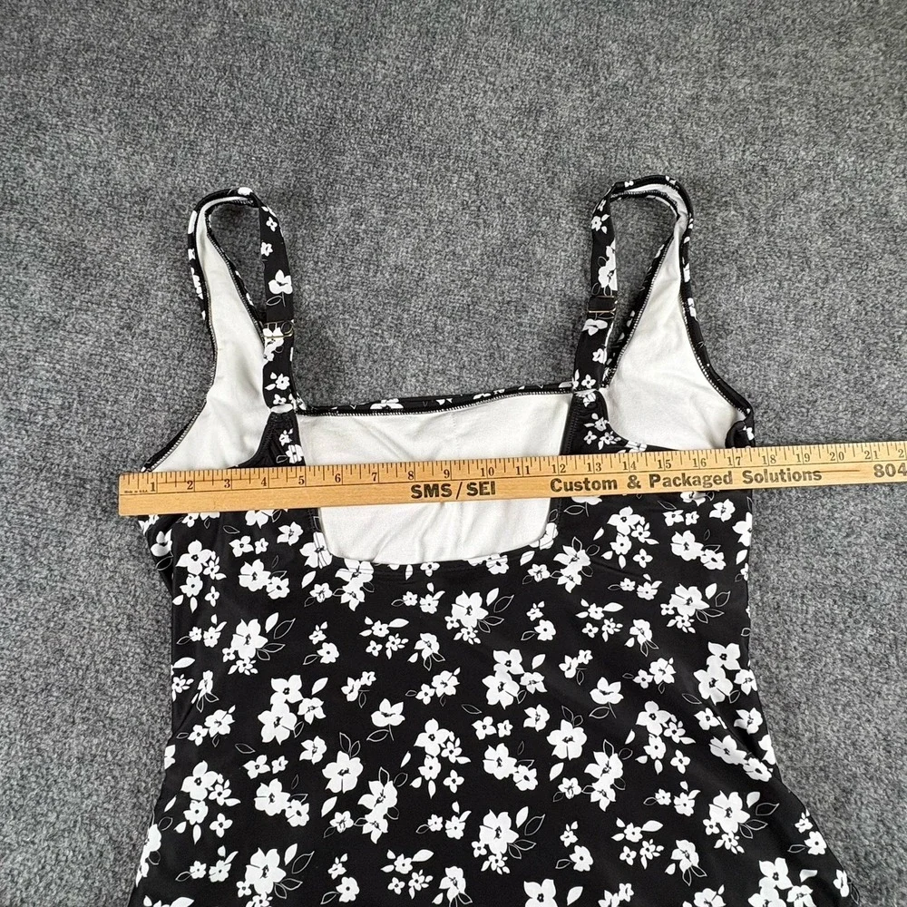 Anne Cole One Piece Swimsuit Women's 14 Black White Floral Ruched Tummy Control